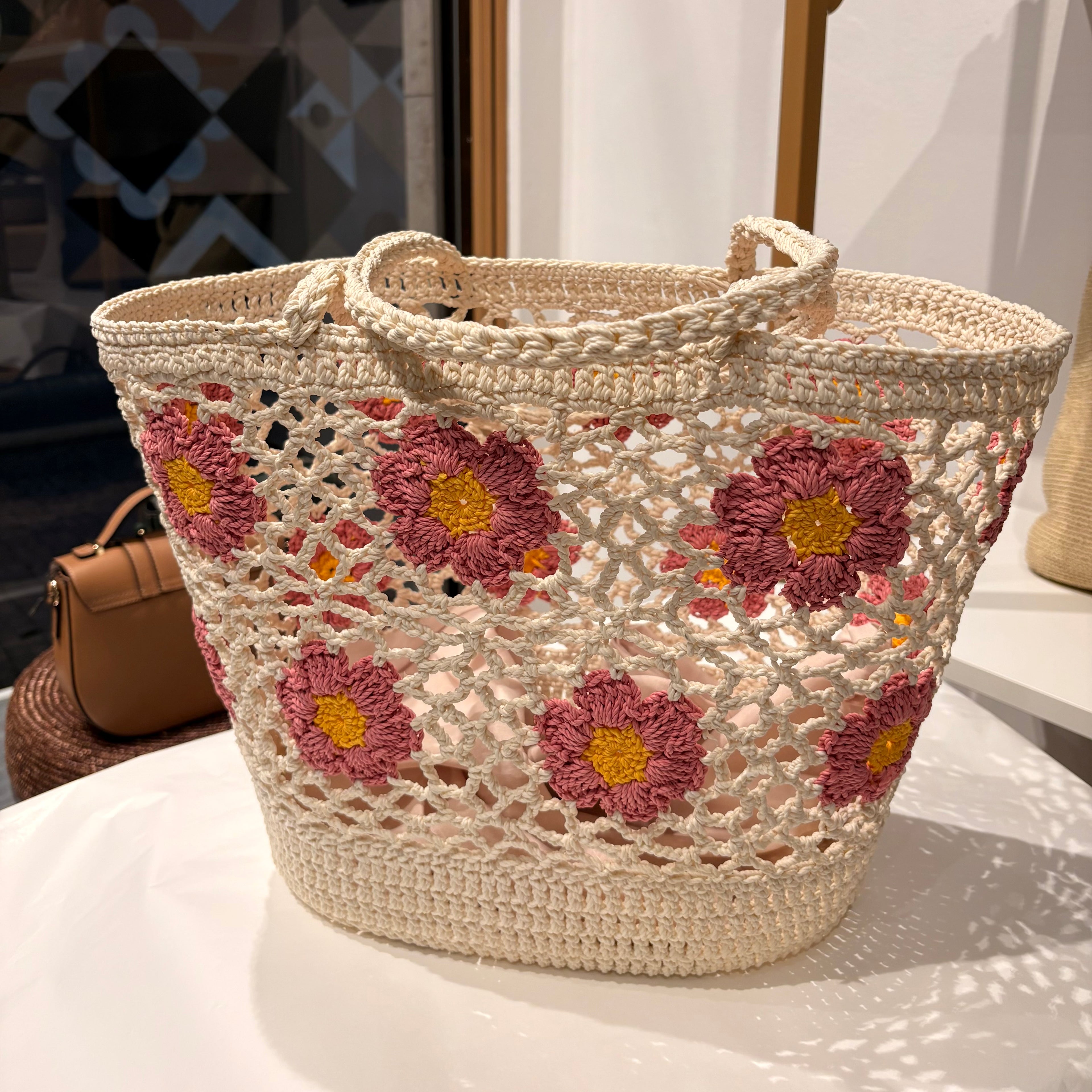 Cesta macramè rosa
